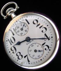 Elgin 21 jewel B.W. Raymond adjusted to 5 positions. Railroad pocket watch with up  down indicator. 1920s